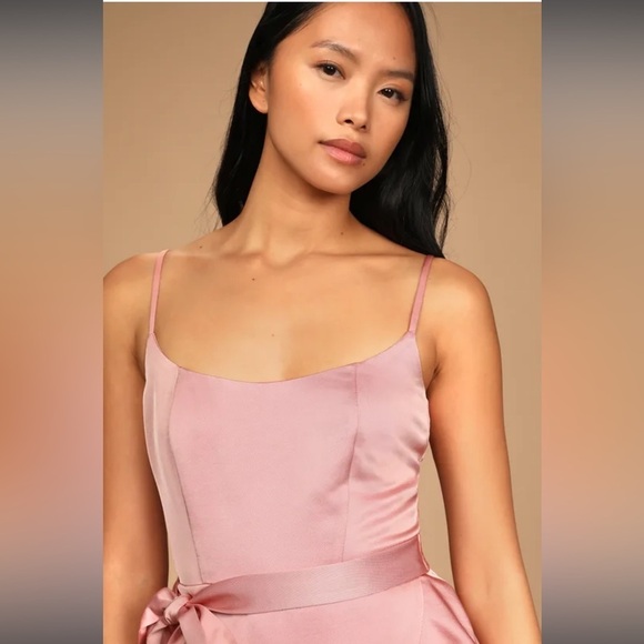 Lulu’s Glamourous Lifestyle Blush Pink Satin Faux-Wrap Mini Dress - Picture 3 of 11